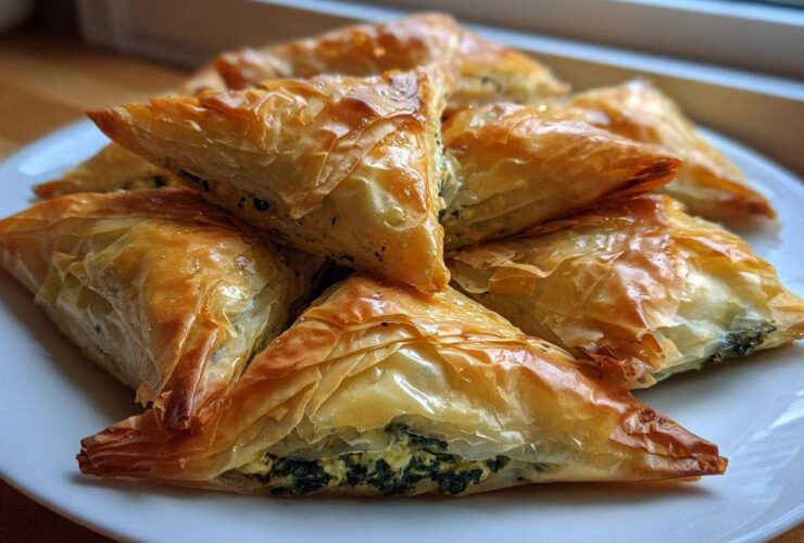 A stack of golden brown, flaky Mediterranean Spinach and Feta Cheese Crisps triangles on a white plate.