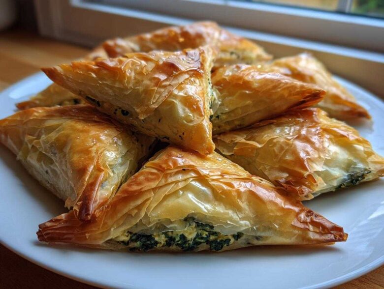 A stack of golden brown, flaky Mediterranean Spinach and Feta Cheese Crisps triangles on a white plate.