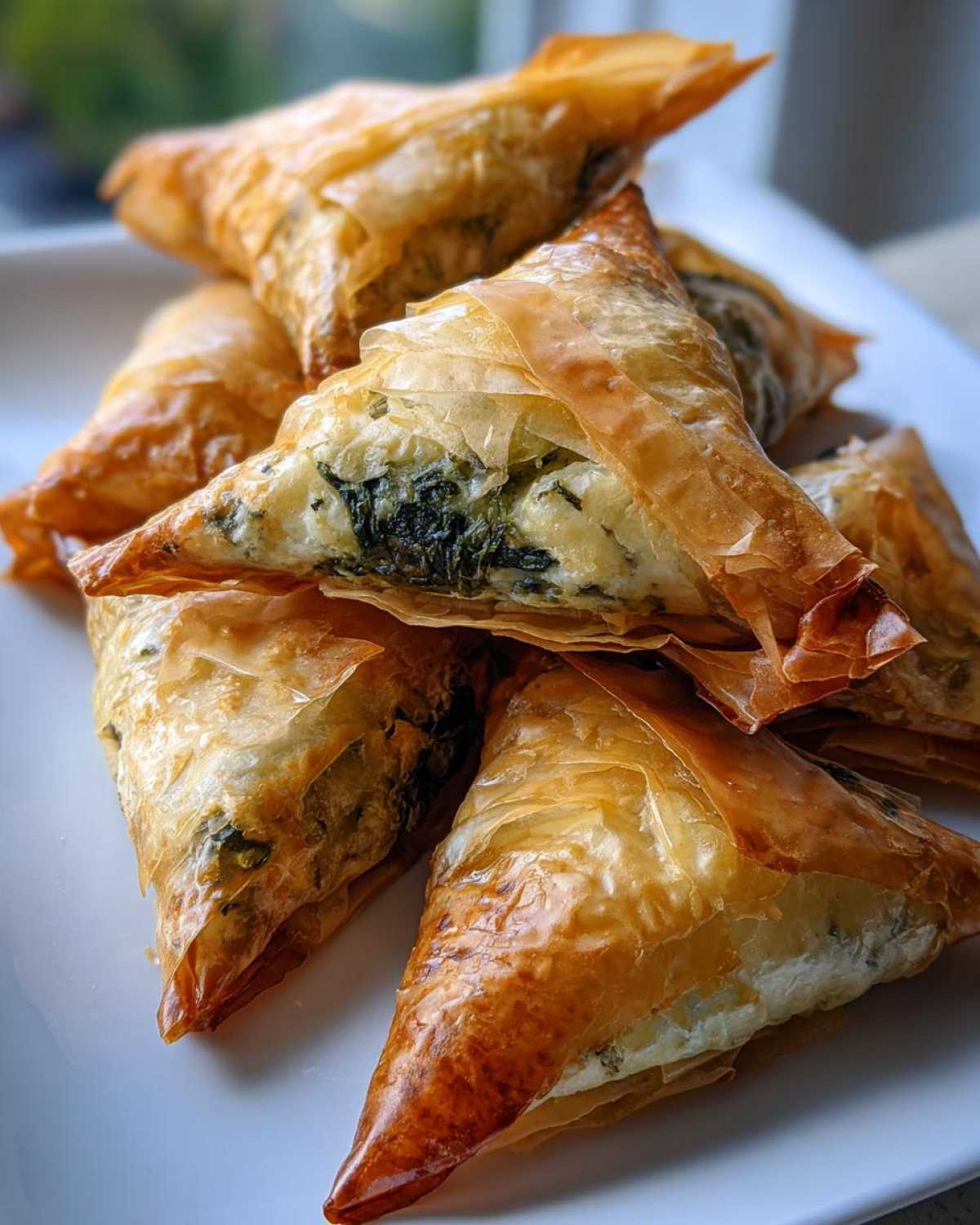 Close-up of golden brown, flaky Mediterranean Spinach and Feta Cheese Crisps stacked on a white plate.