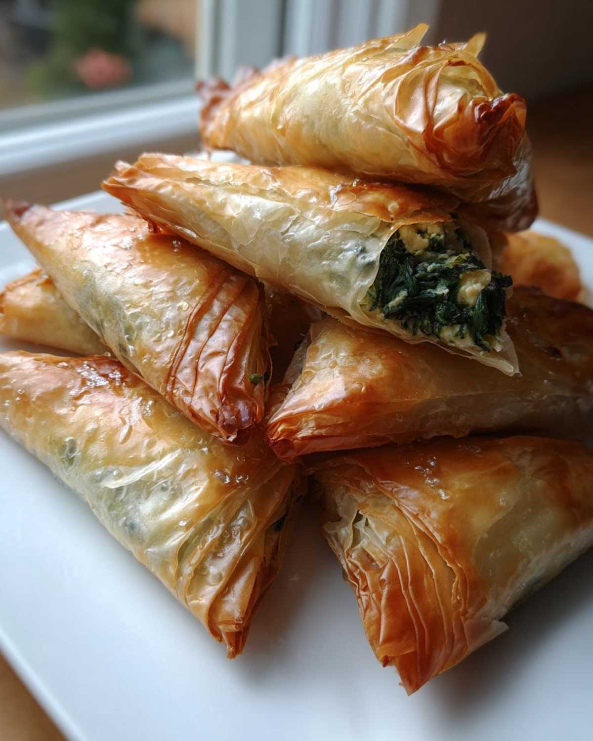 A stack of golden brown, flaky Mediterranean Spinach and Feta Cheese Crisps on a white plate.