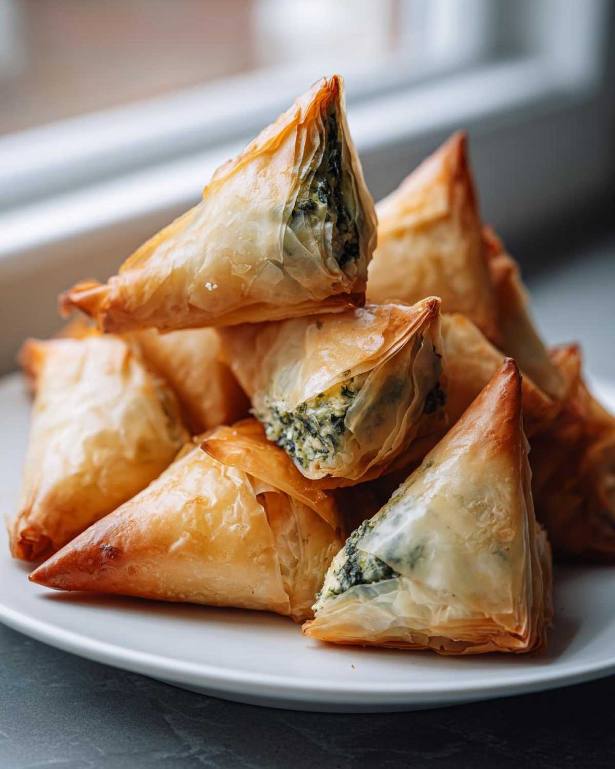 A stack of golden, flaky Mediterranean Spinach and Feta Cheese Crisps on a white plate.