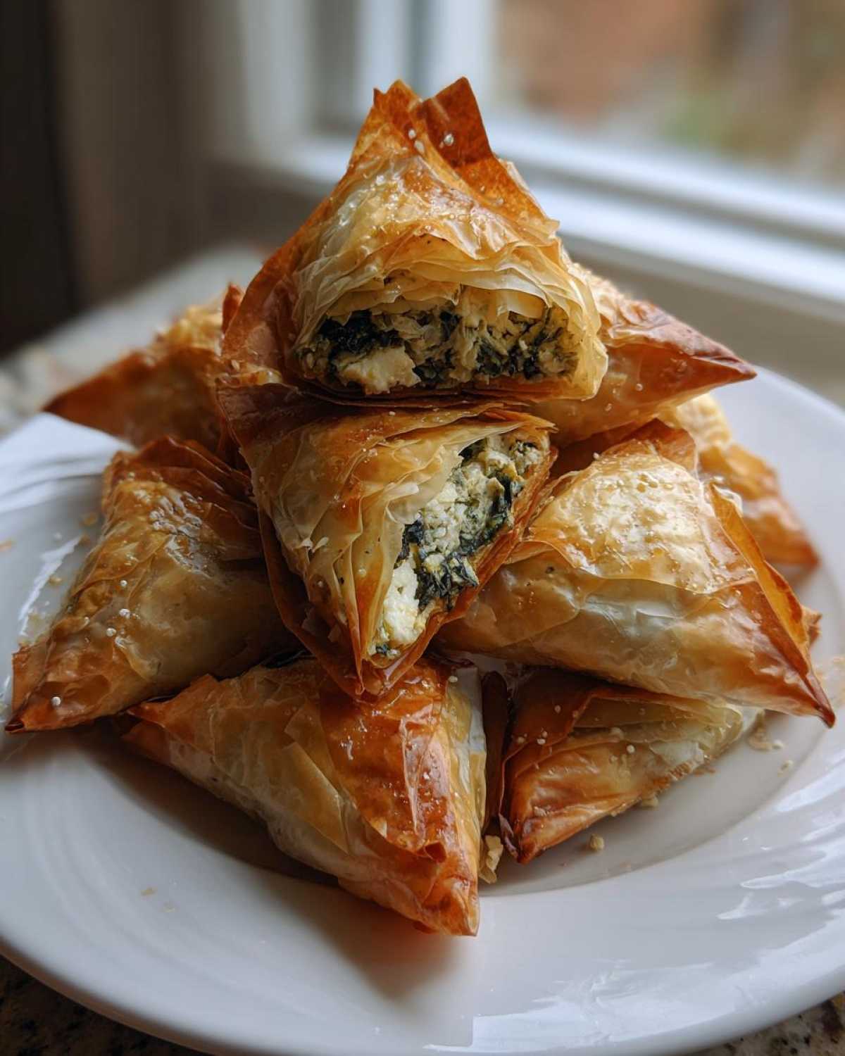 A stack of golden, flaky Mediterranean Spinach and Feta Cheese Crisps on a white plate, showing the filling inside.