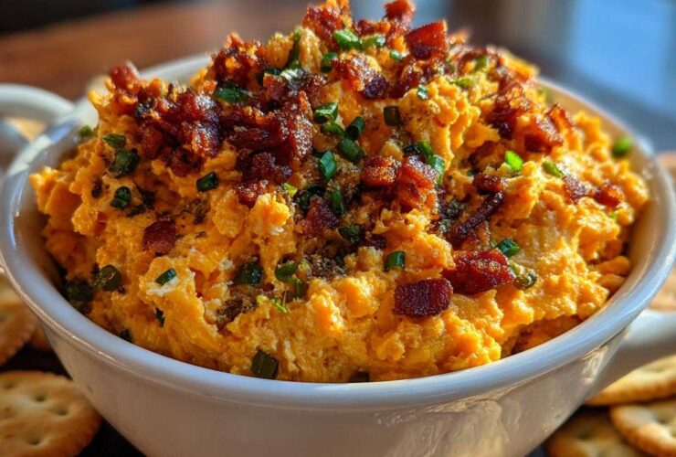A close-up of creamy, orange-colored million dollar dip topped generously with crispy bacon bits and chopped green onions.