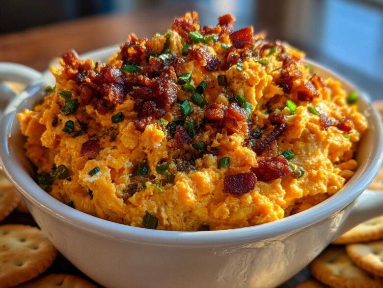 A close-up of creamy, orange-colored million dollar dip topped generously with crispy bacon bits and chopped green onions.