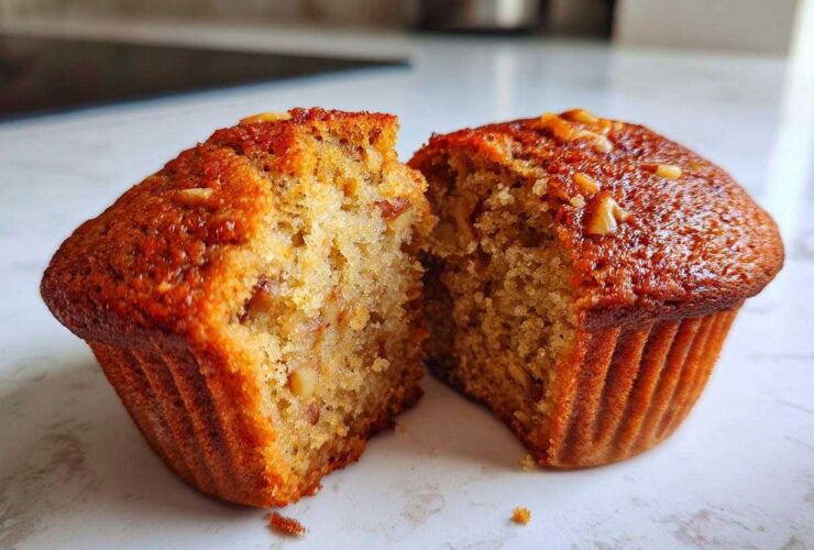 Close-up of a moist banana nut muffin cut in half, showing the soft interior texture and nuts.