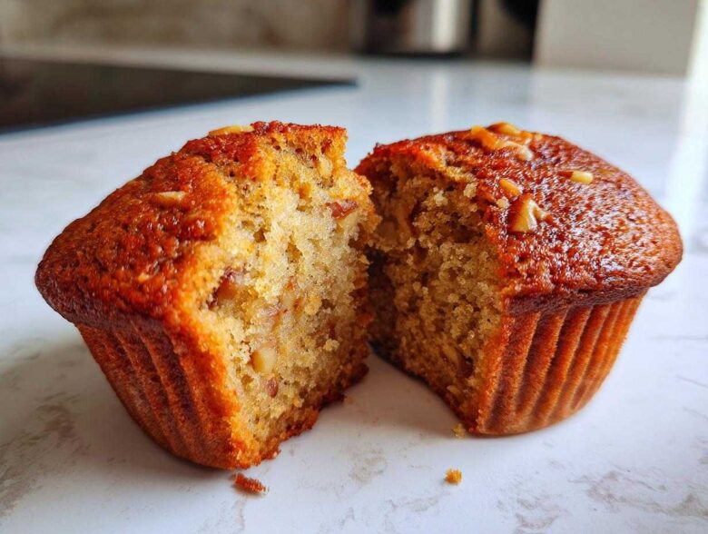 Close-up of a moist banana nut muffin cut in half, showing the soft interior texture and nuts.