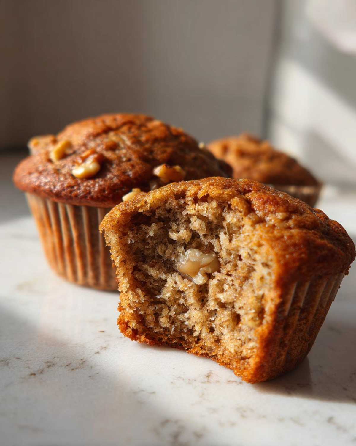 Close-up of a banana nut muffin broken in half showing the moist crumb and a visible walnut piece inside.