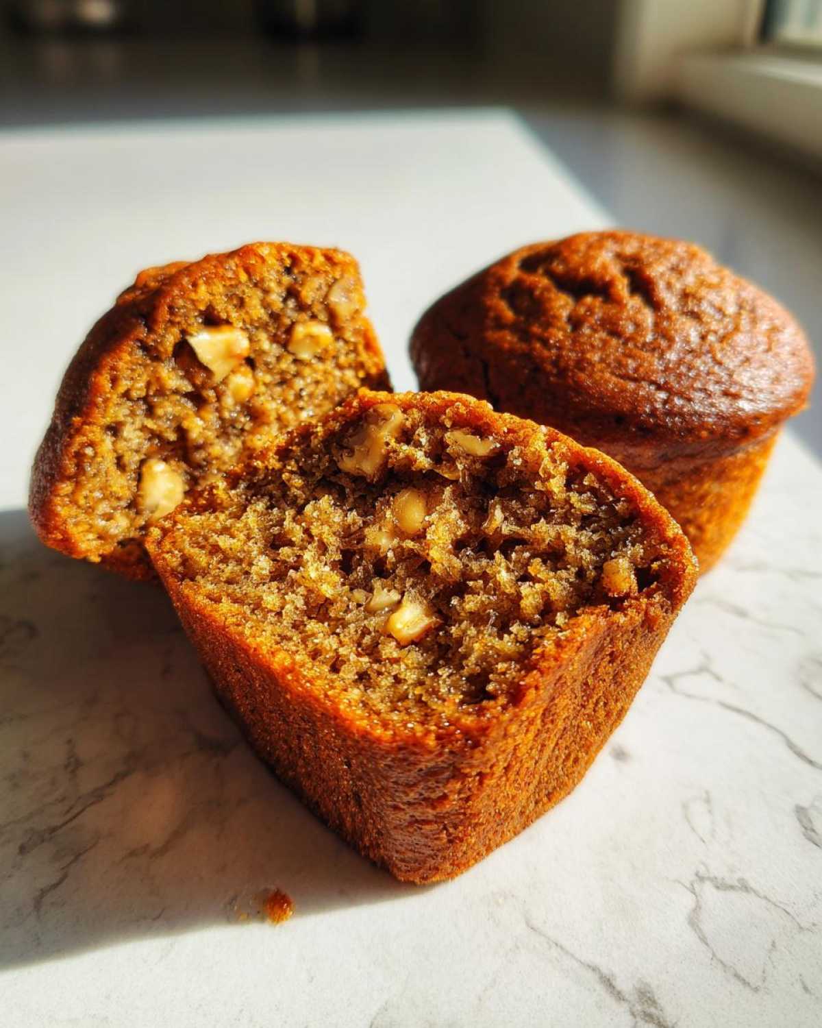 Close-up of moist banana nut muffins, one cut in half showing walnuts inside, on a marble surface.