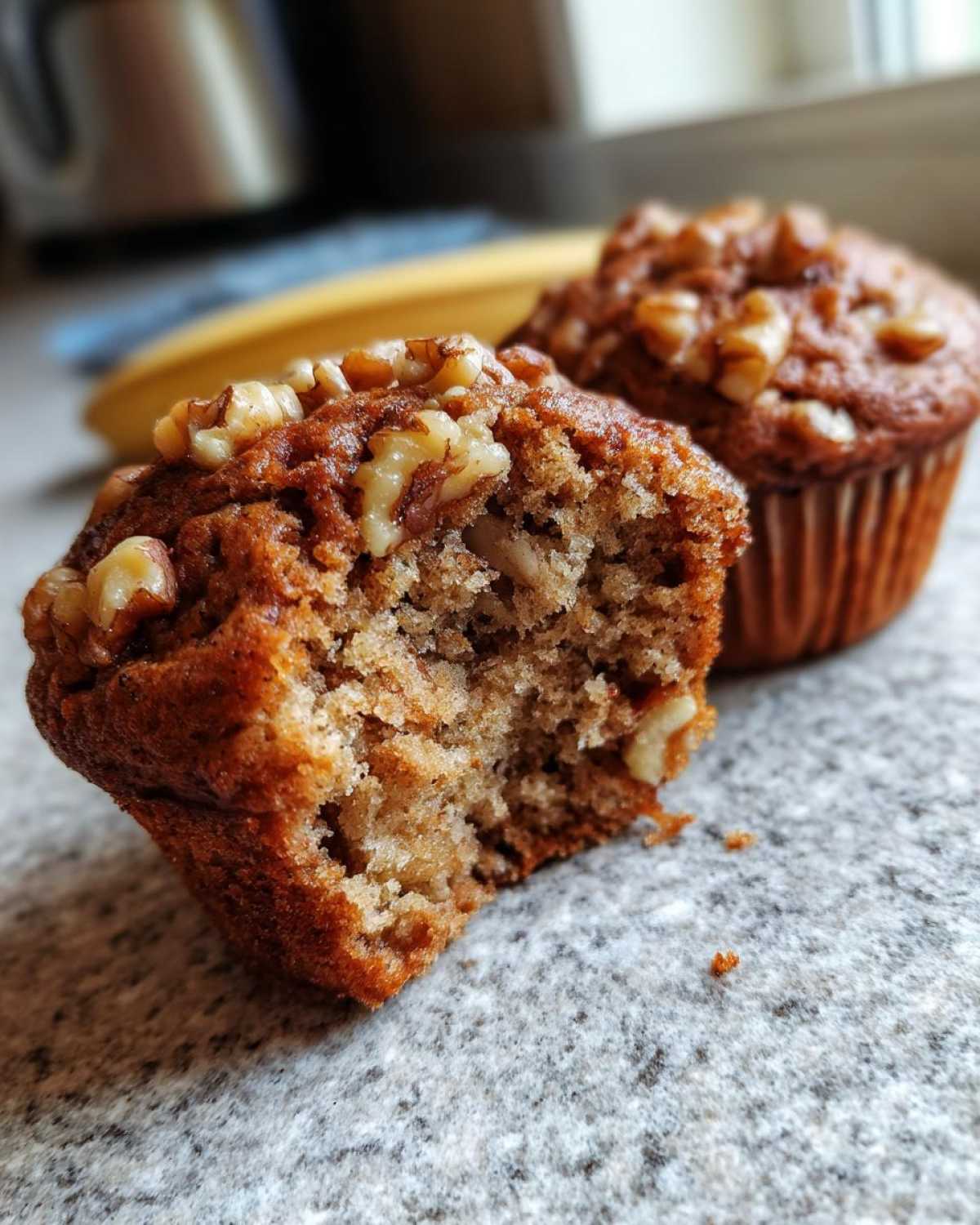 Close-up of a bitten banana nut muffin showing moist interior and walnut topping.