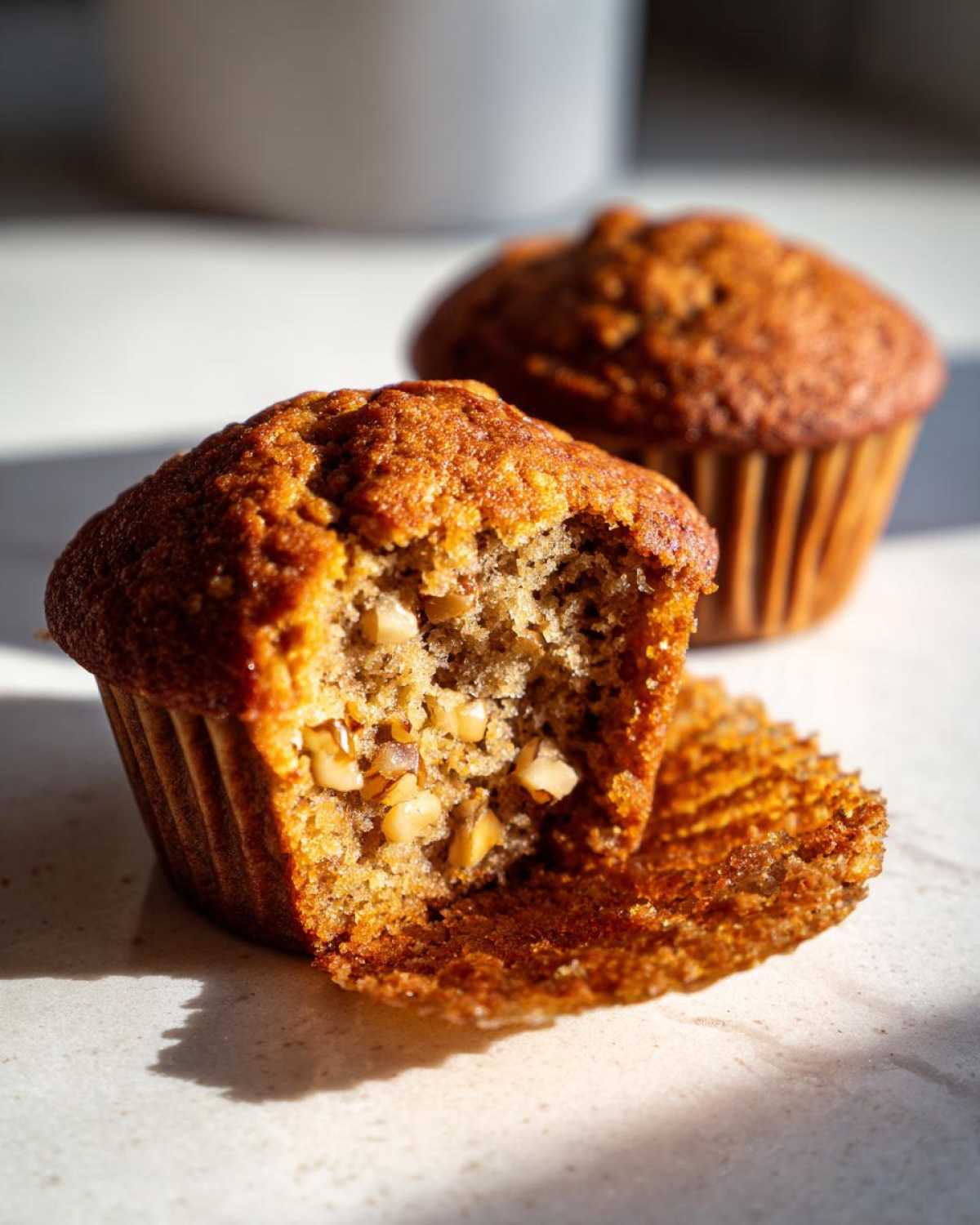 Close-up of a banana nut muffin broken open, showing moist texture and large pieces of walnuts inside.