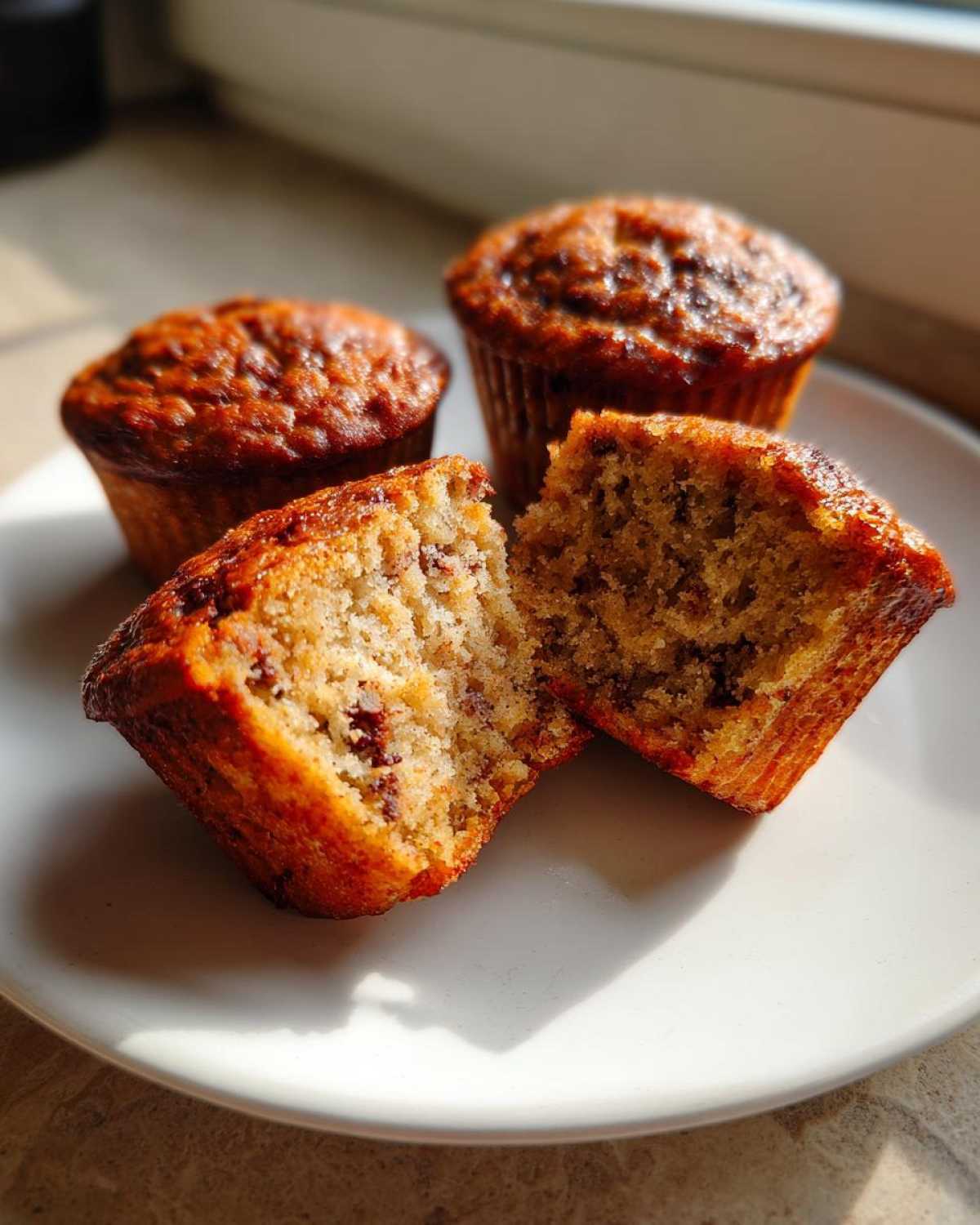 Close-up of moist banana protein muffins, one split in half showing the crumb texture and chocolate chips.