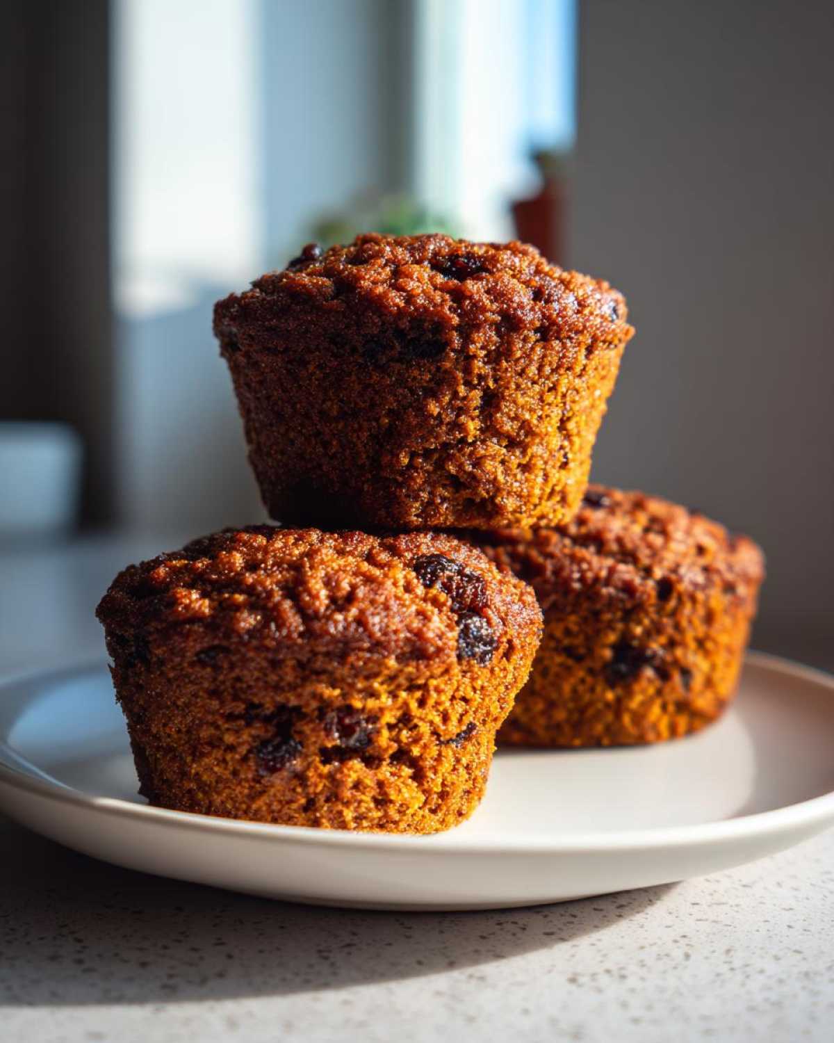 Three dark, moist bran muffins stacked on a white plate, showing visible raisins throughout.