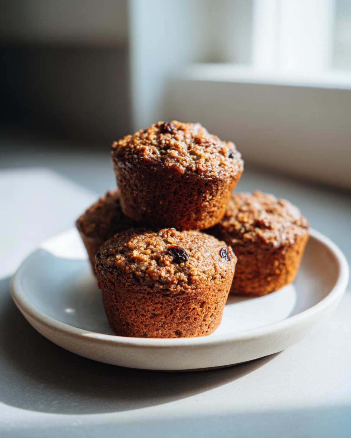 A stack of four freshly baked, moist bran muffins with visible raisins, resting on a light ceramic plate.