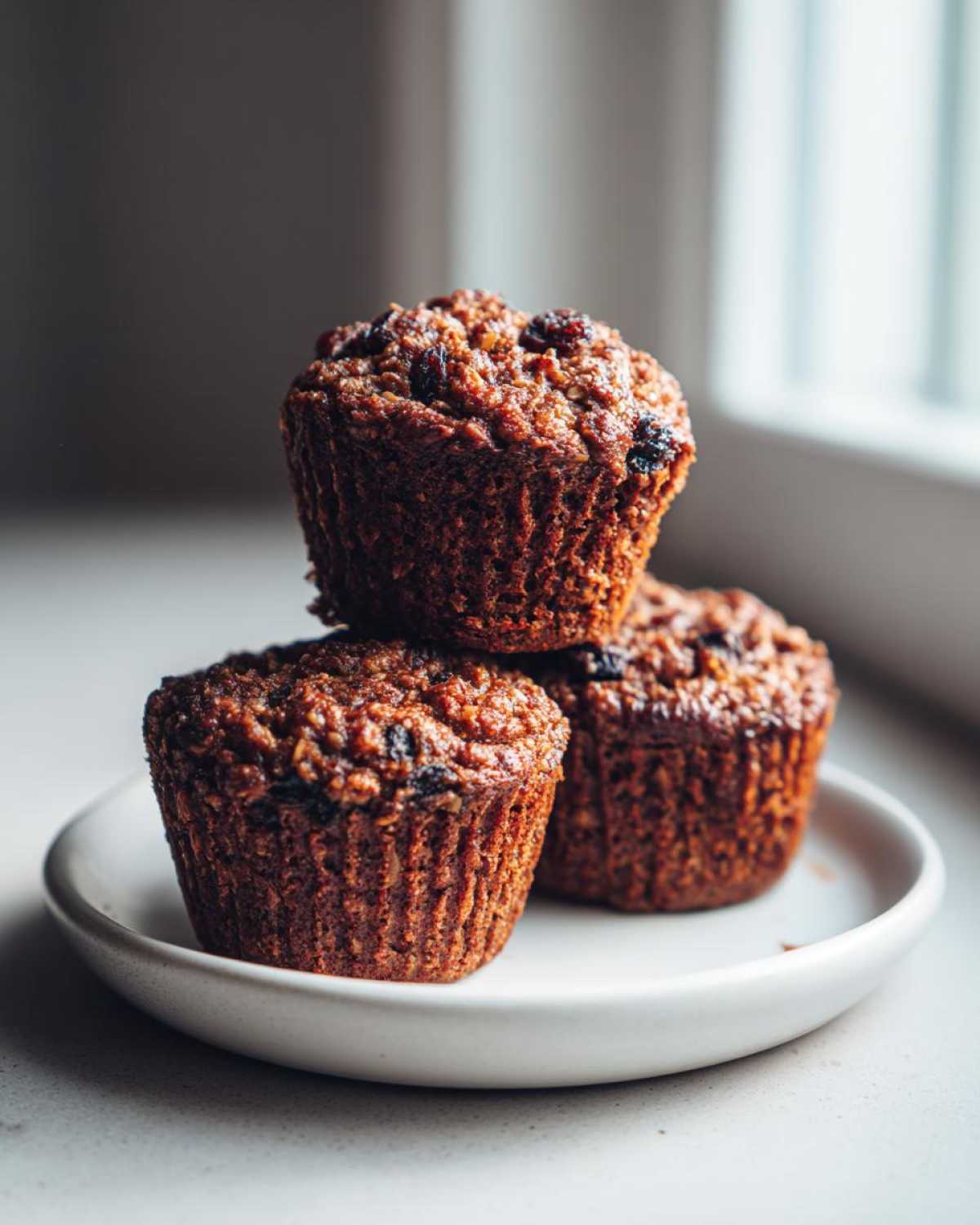 A stack of three dark, moist bran muffins with visible raisins, resting on a small white plate near a window.
