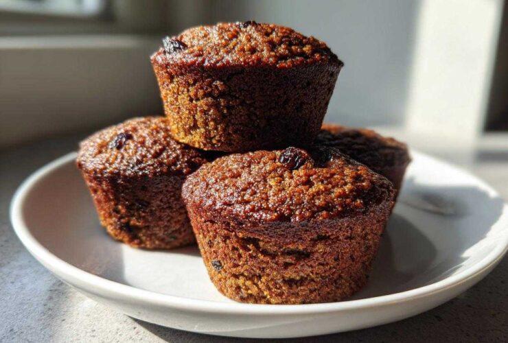 Four dark, moist bran muffins stacked on a white plate, highlighted by strong sunlight.