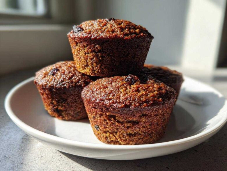 Four dark, moist bran muffins stacked on a white plate, highlighted by strong sunlight.