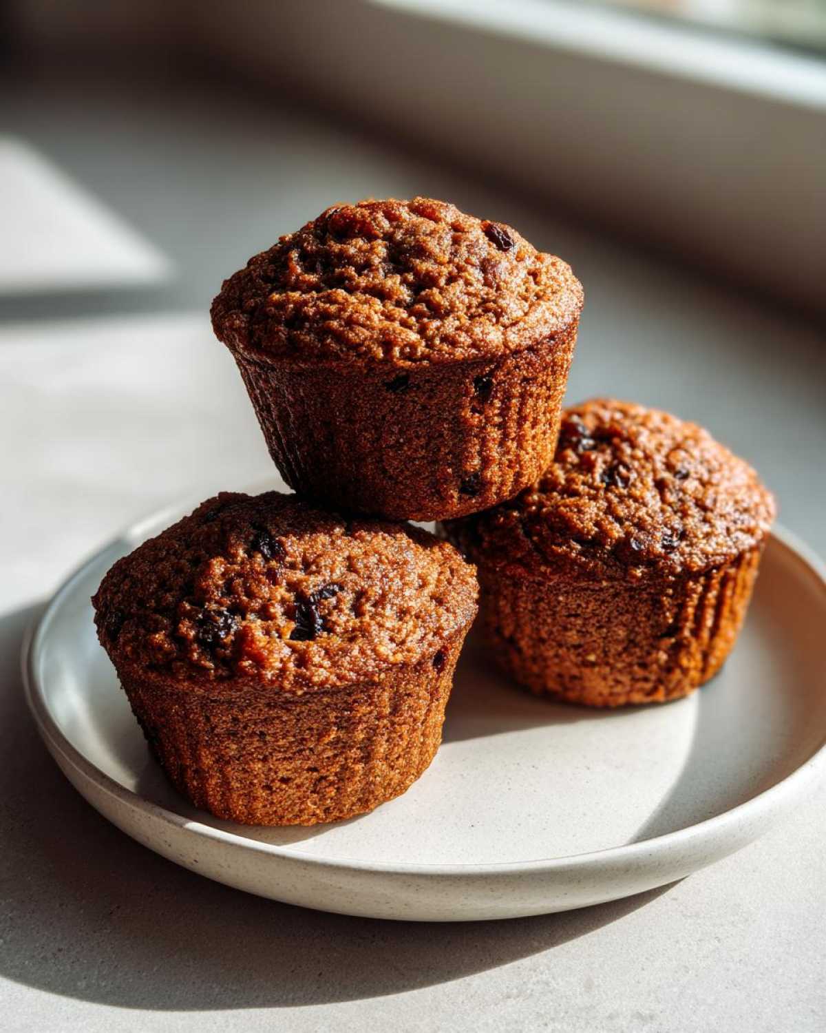 Three perfectly baked, moist bran muffins stacked slightly on a light ceramic plate near a window.