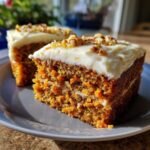 Two slices of moist carrot cake recipe topped with thick cream cheese frosting and chopped walnuts.