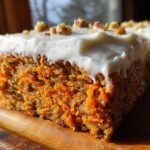 Close-up of a moist slice of carrot cake recipe showing shredded carrots, topped with thick cream cheese frosting and chopped walnuts.