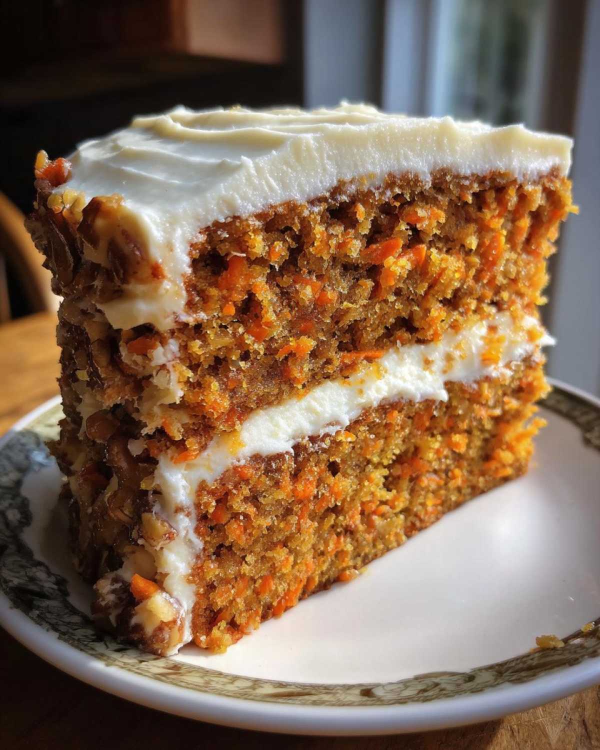 Close-up of a thick slice of moist carrot cake recipe, layered with cream cheese frosting and visible nuts.