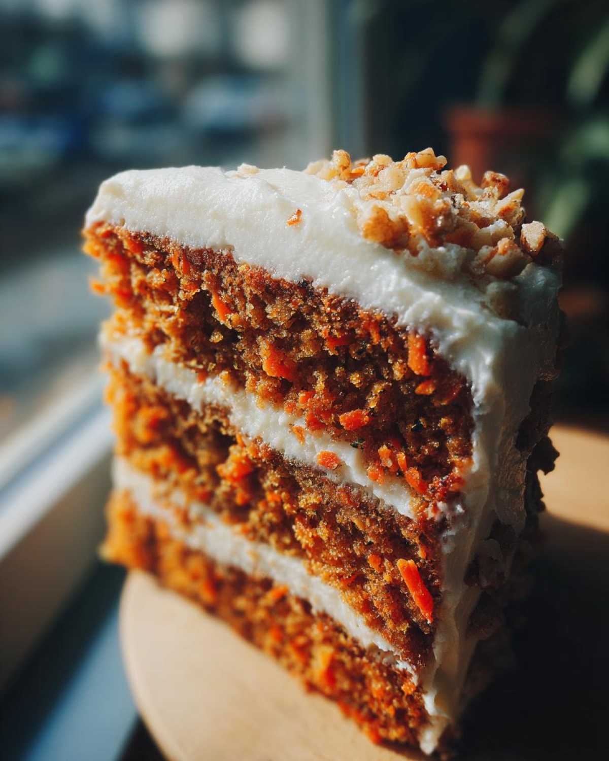 Close-up of a moist, three-layer carrot cake recipe slice topped with cream cheese frosting and chopped nuts.