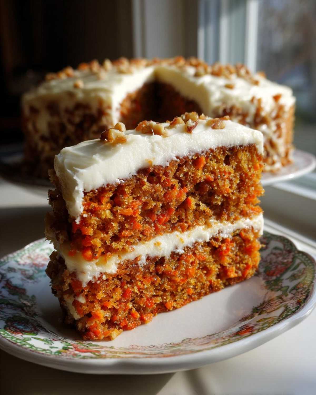 A close-up slice of moist carrot cake recipe with cream cheese frosting and chopped walnuts.
