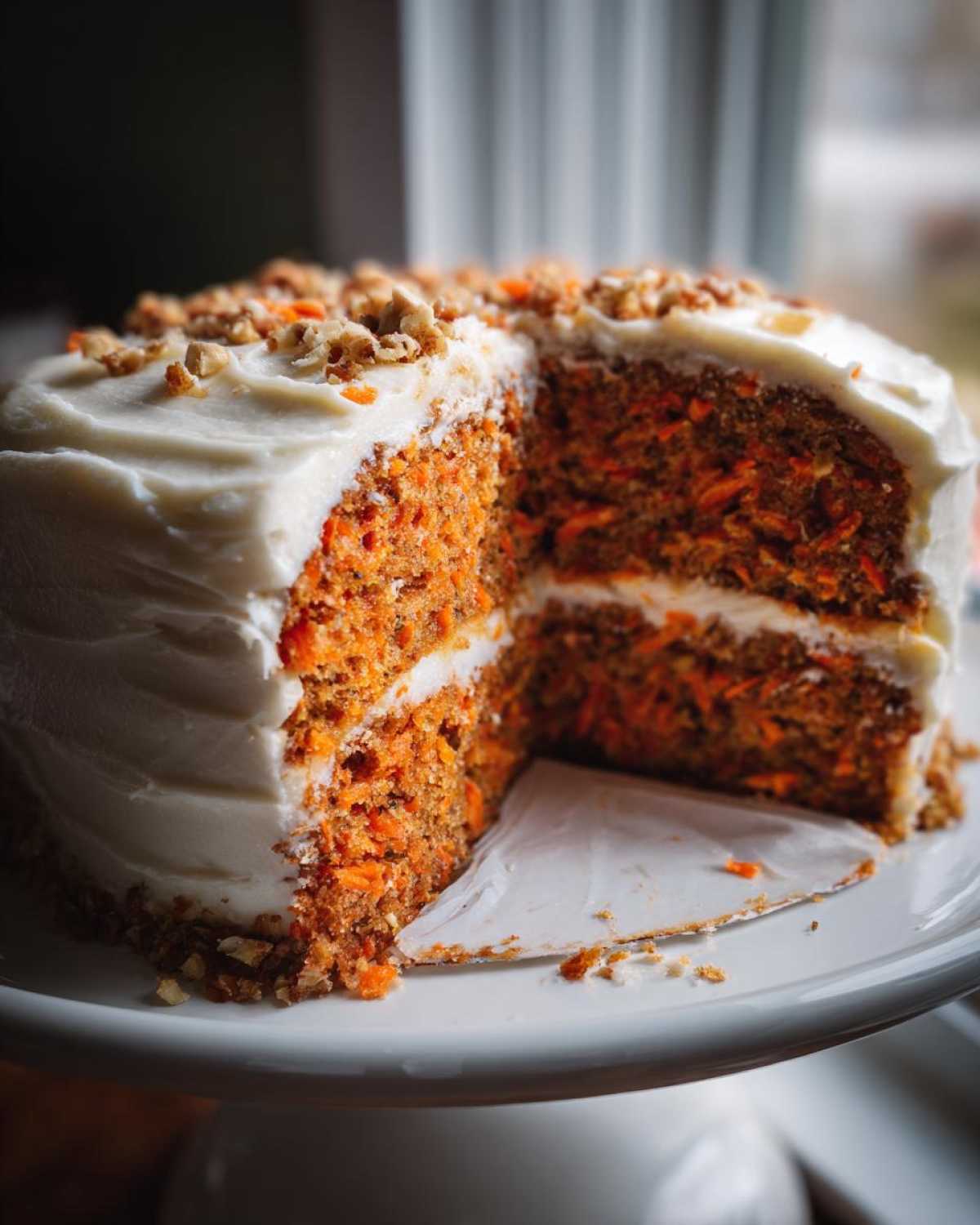 A two-layer moist carrot cake recipe with thick cream cheese frosting and chopped walnuts on top, a slice is being removed.