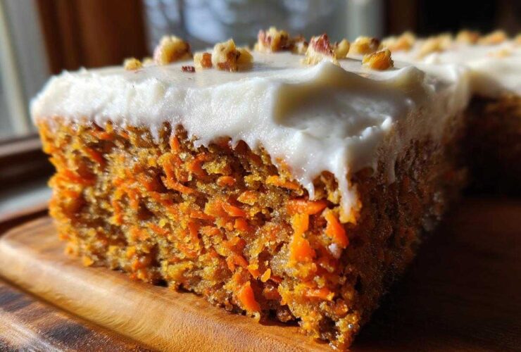 Close-up of a moist slice of carrot cake recipe showing shredded carrots, topped with thick cream cheese frosting and chopped walnuts.