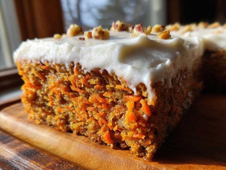 Close-up of a moist slice of carrot cake recipe showing shredded carrots, topped with thick cream cheese frosting and chopped walnuts.