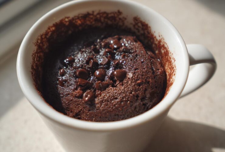Close-up of a freshly baked chocolate mug cake topped with chocolate chips inside a white mug.