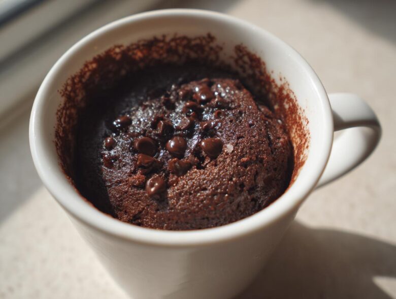 Close-up of a freshly baked chocolate mug cake topped with chocolate chips inside a white mug.