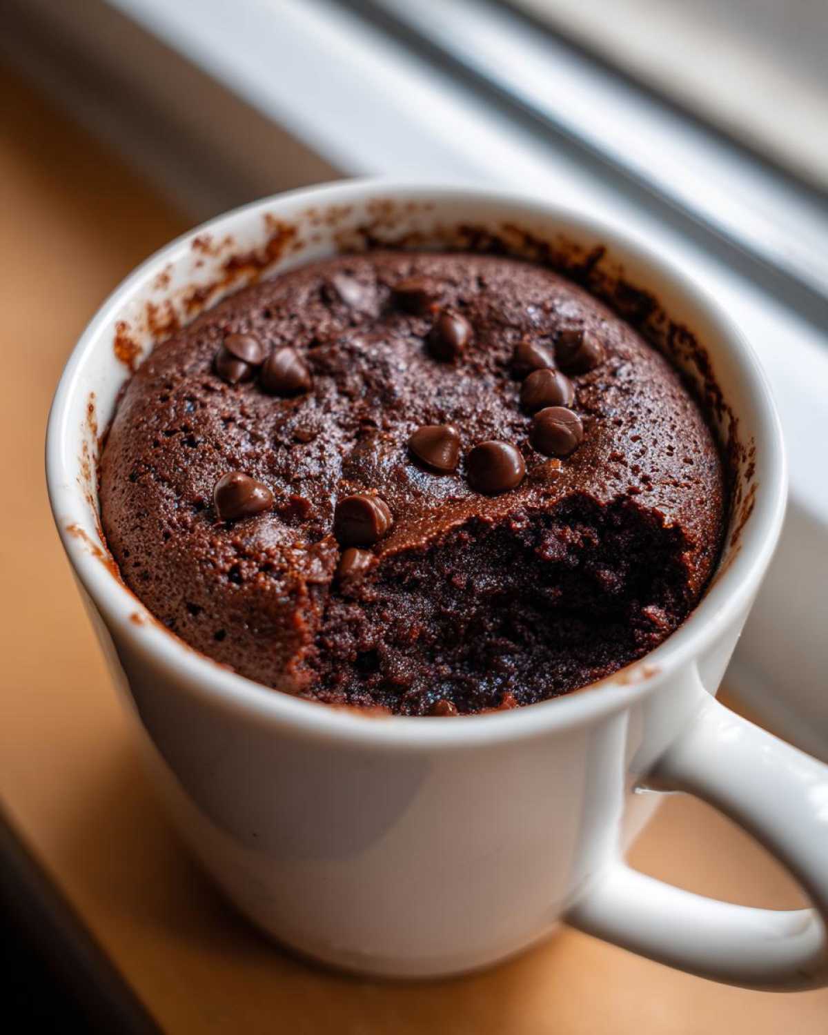Close-up of a moist chocolate mug cake topped with chocolate chips, with a bite taken out.