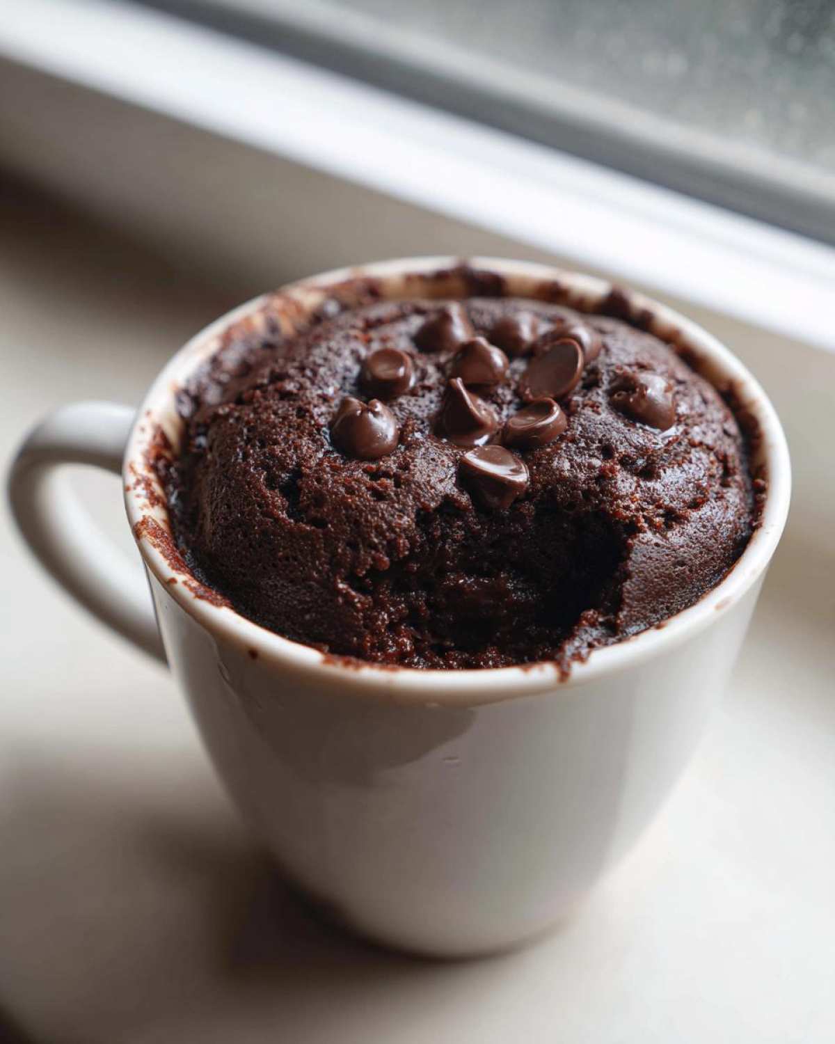 A close-up of a moist chocolate mug cake topped with melted chocolate chips, sitting in a white mug.