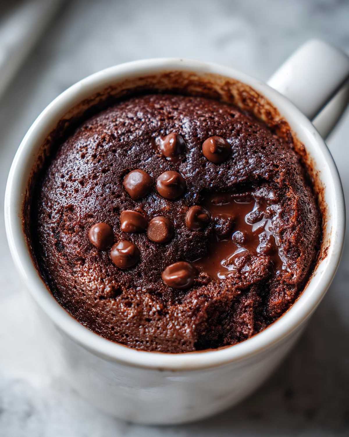 Close-up overhead view of a rich, dark chocolate mug cake topped with semi-sweet chocolate chips.