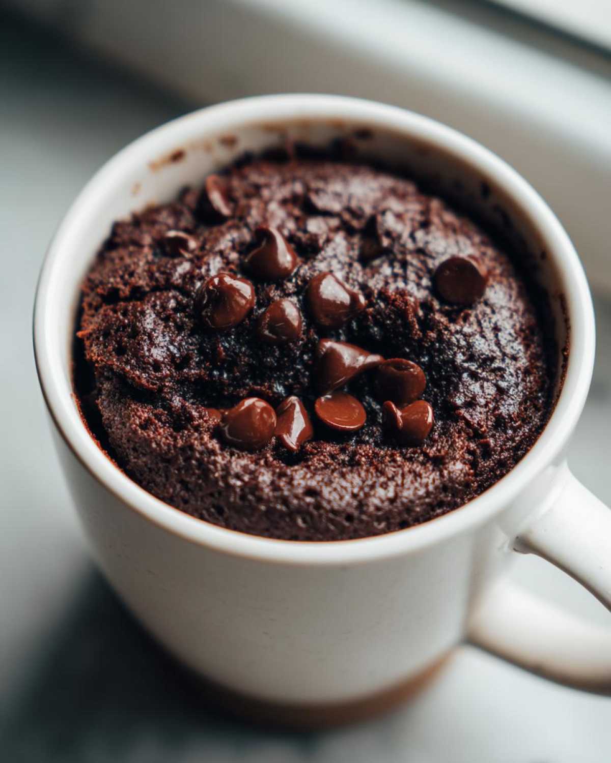 Close-up of a freshly baked, moist chocolate mug cake topped with melted chocolate chips.