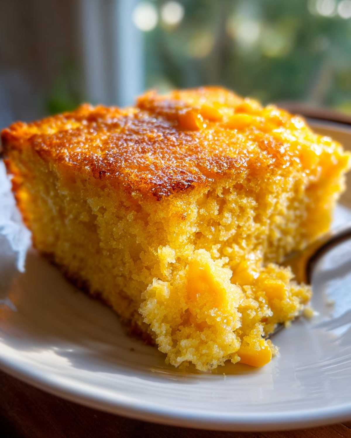 Close-up of a moist, golden slice of cornbread casserole with visible corn kernels, being lifted by a fork.