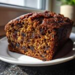 A close-up of a moist slice of date nut bread, rich brown in color and filled with dark raisins, sitting on a white plate.