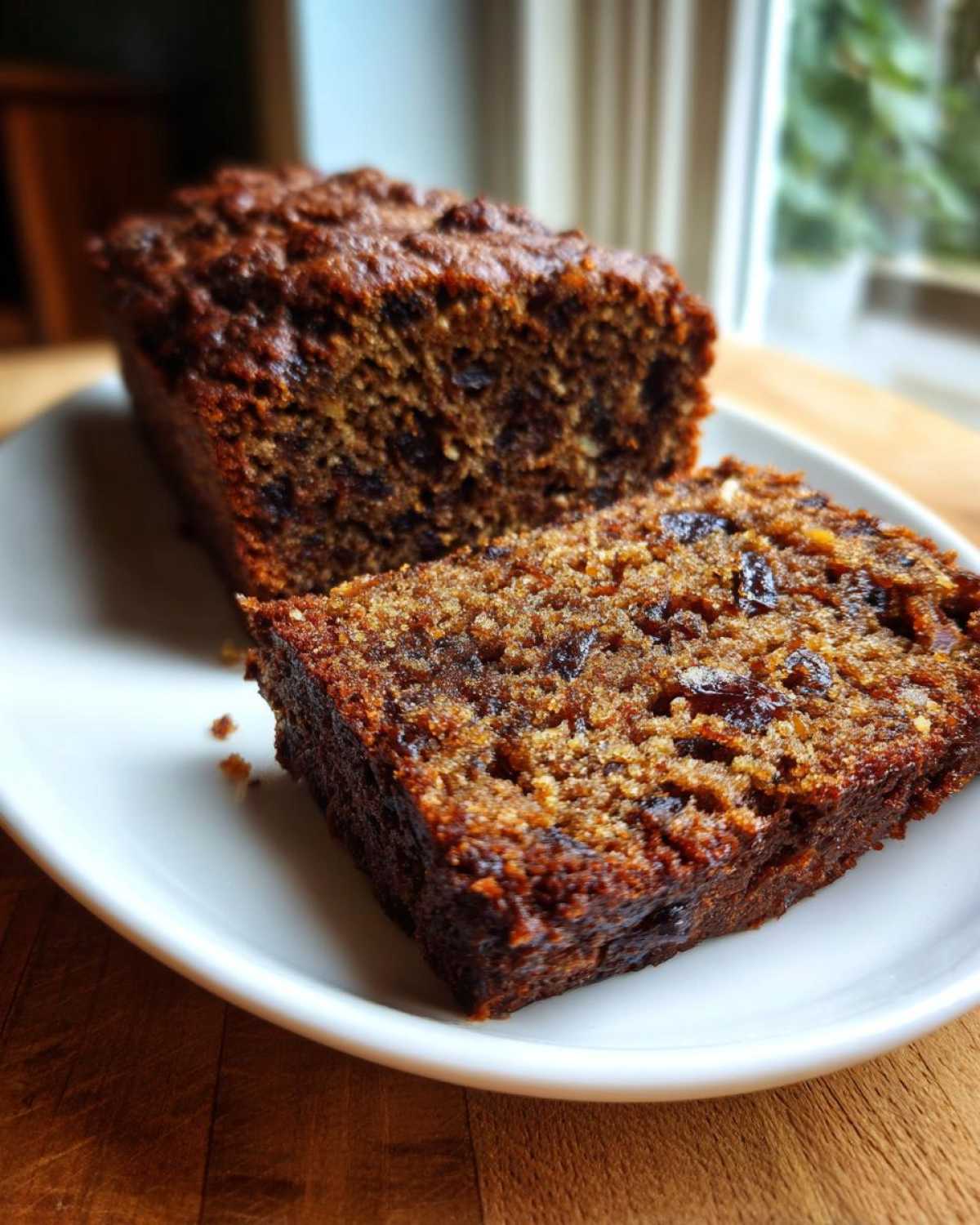 Close-up of a moist slice of date nut bread with visible chopped dates, next to the main loaf.