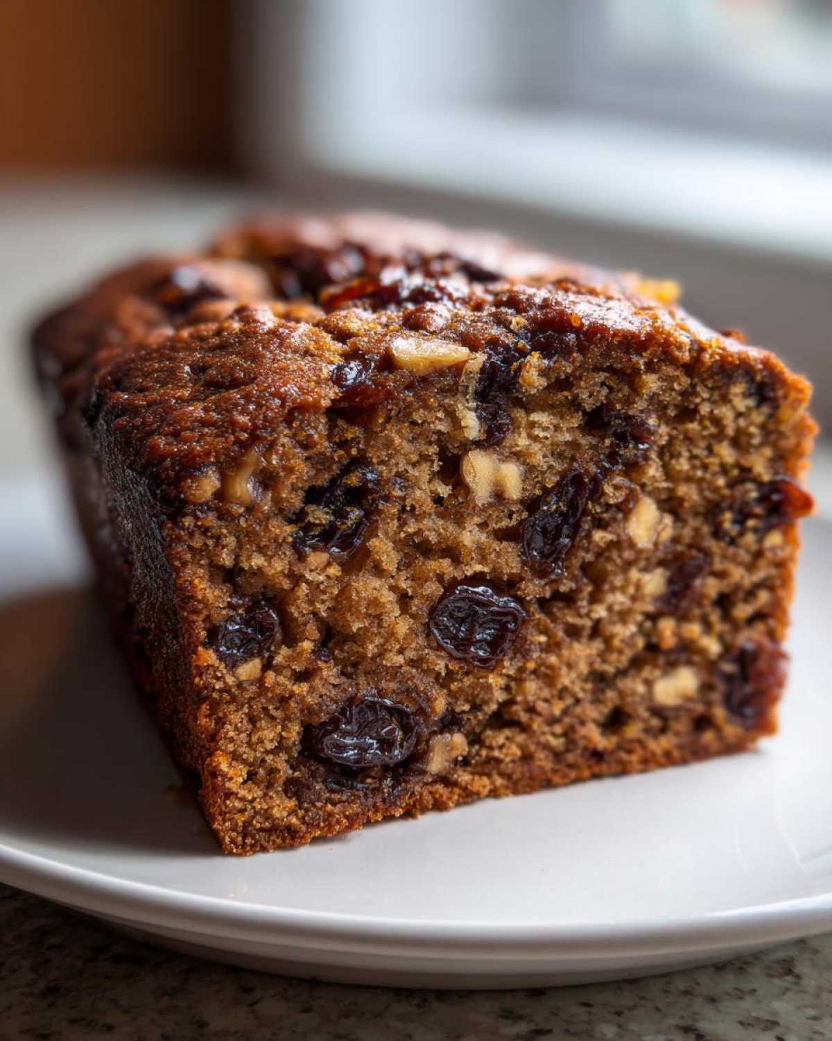 Close-up of a moist slice of date nut bread showing visible raisins and walnuts baked inside.