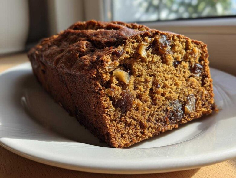 Close-up of a moist slice of dark brown date nut bread showing visible dates and walnuts, resting on a white plate.