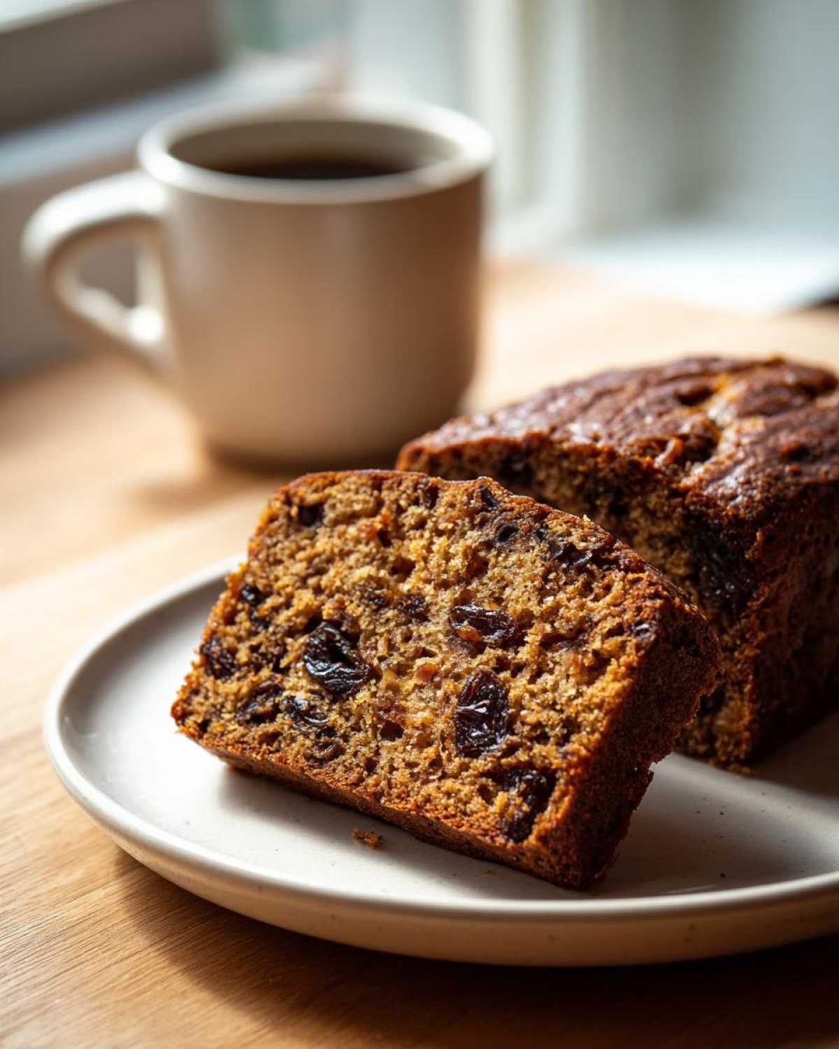 Close-up of moist date nut bread slices on a plate next to a mug of coffee.