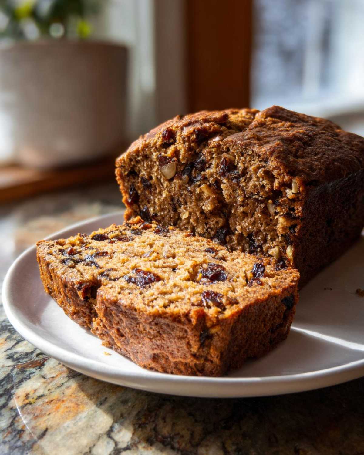 A loaf of moist date nut bread, with two slices cut and resting on a white plate.