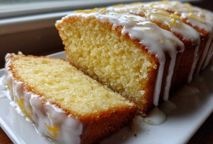 Close-up of a sliced lemon pound cake drizzled with white lemon glaze and zest.