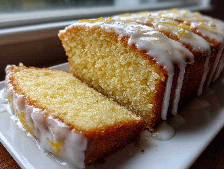 Close-up of a sliced lemon pound cake drizzled with white lemon glaze and zest.