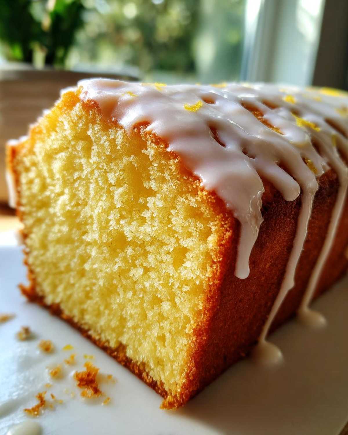 Close-up of a moist slice of lemon pound cake topped with white glaze and lemon zest.