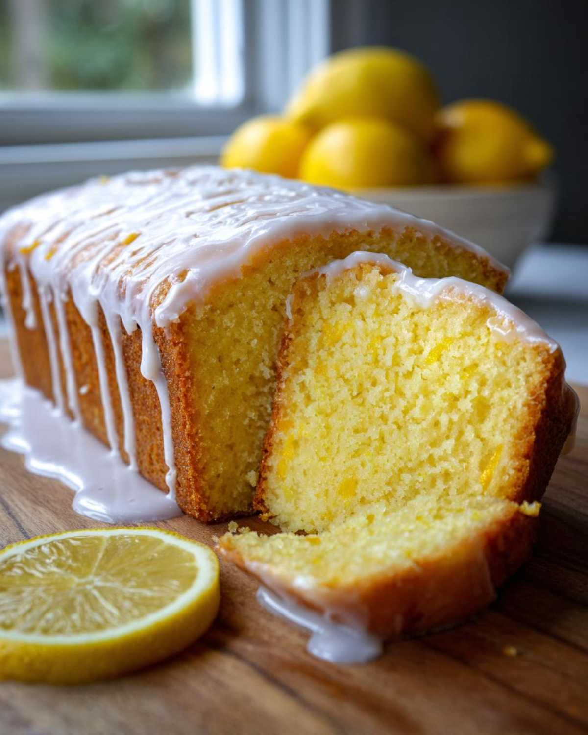 A slice cut from a moist lemon pound cake drizzled with white glaze, sitting next to the loaf.