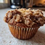 Close-up of a single, perfectly baked oatmeal muffin featuring a generous, crunchy cinnamon streusel topping.
