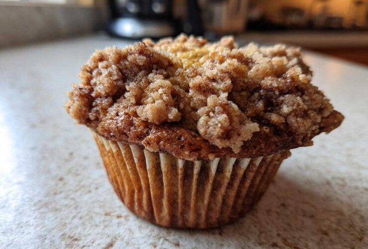 Close-up of a single, perfectly baked oatmeal muffin featuring a generous, crunchy cinnamon streusel topping.