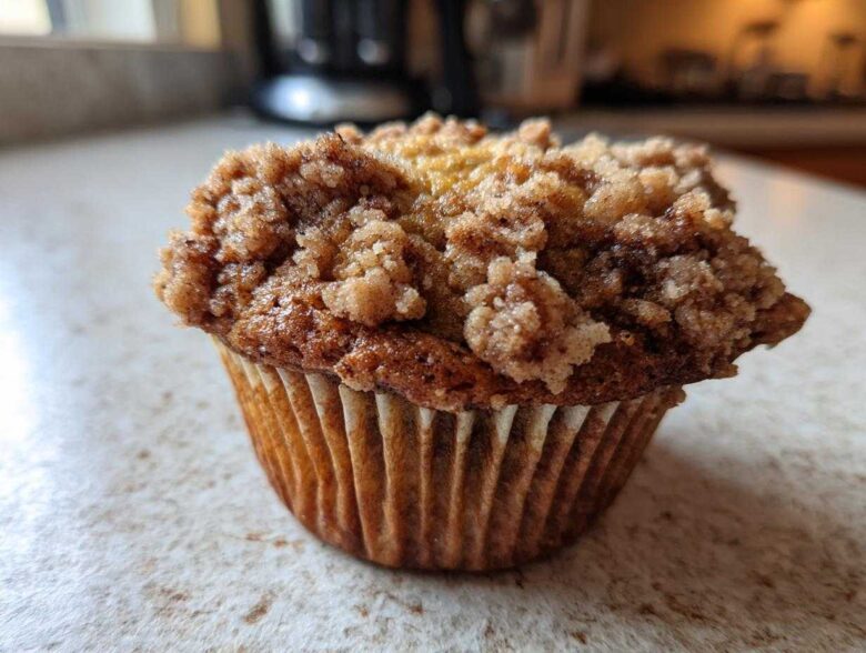 Close-up of a single, perfectly baked oatmeal muffin featuring a generous, crunchy cinnamon streusel topping.