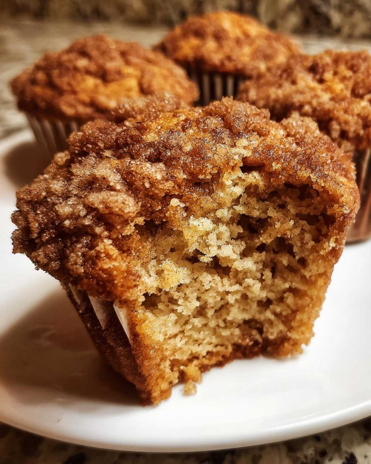 Close-up of a moist oatmeal muffin broken open, showing the soft interior and sugary crumb topping.